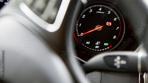 Close-up of a speedometer from a sports car