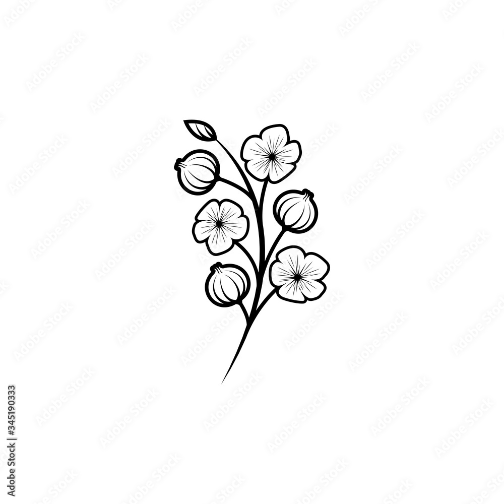 Natural flax seed branches and leaves, vector illustration