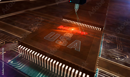Processor factory with laser burning of Made in USA illustration