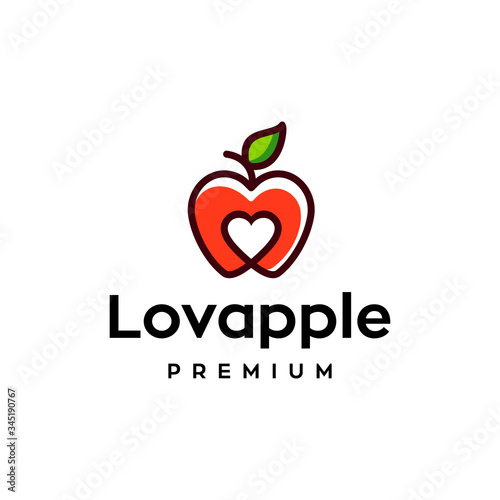 Creative apple logo with love Heart Inside and leaf icon Design Symbol Illustration in trendy colorful linear line style 