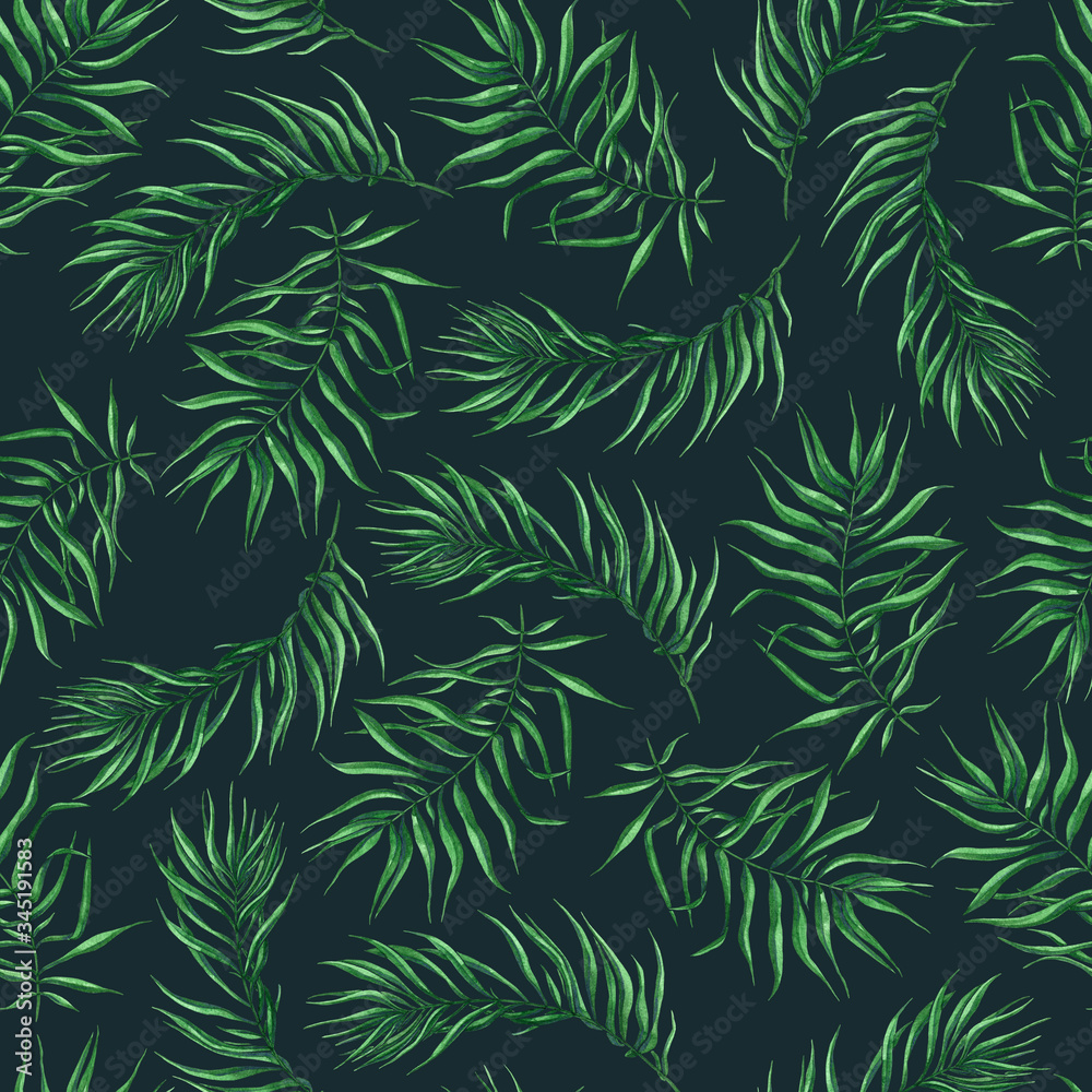 Seamless pattern with watercolor palm leaves. Tropical palm pattern. Summer floral endless background. Botanical illustration. Use it for fabrics, textile, postcard, website design, wallpaper. 