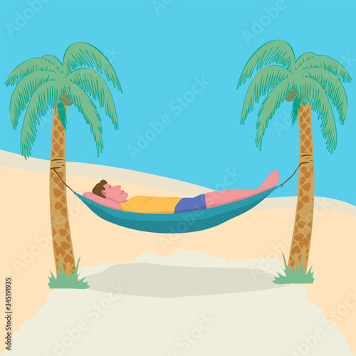 Man lying in a hammock attached to palm trees. Lazy vacation, downshifting, freelance. Freedom in tropical resort.