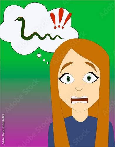 Cartoon red haired emotional girl afraid of snakes, vector illustration. Phobia, fear, psychology. Child problem