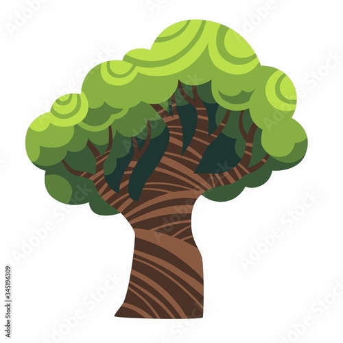 Green oak isolated on white background vector. Strong mighty catroon fabulous tree with a dense crown, stock flat illustration.