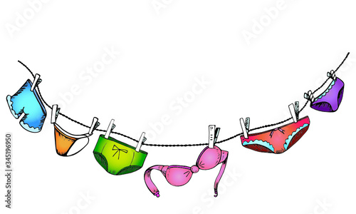Lingerie on a rope drawn in a hand drawing style in color. Women's vector underpants after washing. Linen that is dried on the street. Bright illustration for design, decoration, covers, and banner.
