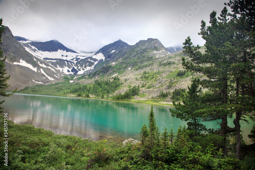 Fototapeta Naklejka Na Ścianę i Meble -  Shore of a clean mountain lake with mountain peaks in the background, Altai.