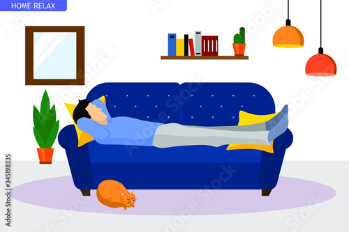 
illustration of a man who relaxes lying on the sofa at home