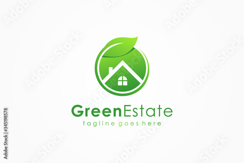 Real Estate Logo. Green Circular House Icon with Leaf Symbol around isolated on White Background. Flat Vector Logo Design Template Element.