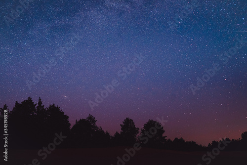 Landscape with blue Milky Way. Night sky with stars. Beautiful milky way taken in Ukraine during a clear night