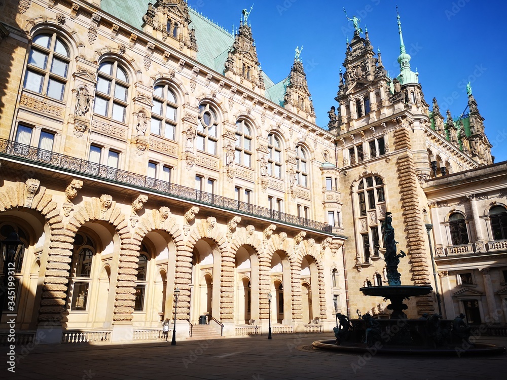 unset at city town hall with blue sky Hamburg Germany