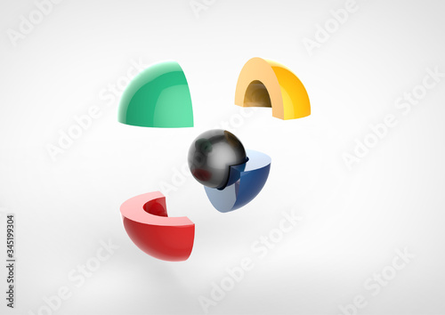 Business Value 3D Render Infographic. 5 Stage Sphere. Lead Generation Process. Segmented Sales Diagram. 3 Segments Expanded.