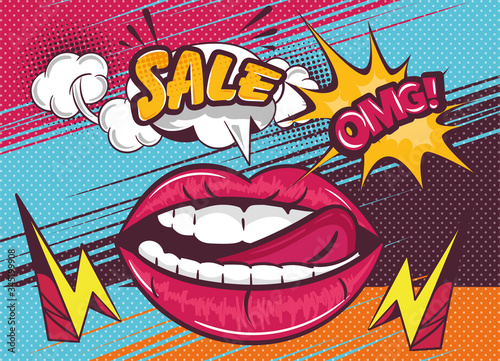 OMG Sale poster design with sexy lips and tip of tongue with electricity voltage or zap icons, pop art style vector illustration