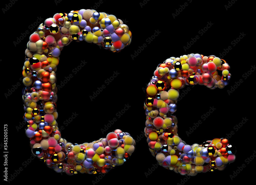 3d render of abstract art alphabet 3d letters c, uppercase and lowercase, based on small balls particles in glass metal rough ceramic and glossy plastic material in orange yellow red color on black 3d render of abstract art alphabet 3d letters c, uppercase and lowercase, based on small balls particles in glass metal rough ceramic and glossy plastic material in orange yellow red color on black