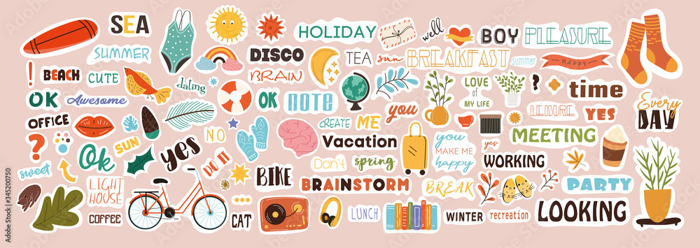 Very large collection of colorful stickers covering diverse subjects with text and picture icons for weekly or daily planners and diaries , colored vector illustration Very large collection of colorful stickers covering diverse subjects with text and picture icons for weekly or daily planners and diaries , colored vector illustration
