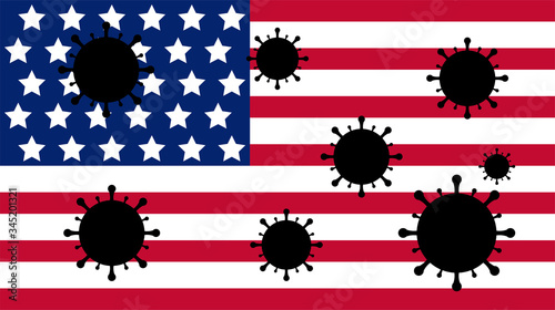 USA Flag Covered with Coronavirus Bacteria instead of Stars. Covid-2019, ncov-2019. USA in Danger