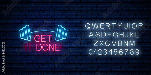 Get it done - glowing neon inscription phrase with barbell on dark brick wall background with alphabet. Motivation quote in neon style. Vector illustration.