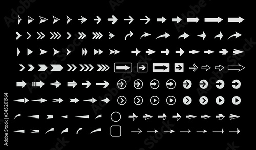 White arrows on black background, vector icons set, interface isolated symbols pack. Next, forward, previous buttons plain signs bundle. Cursors pictograms collection for web.