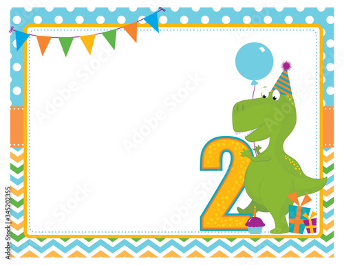 A vector illustration of a blank empty second birthday party invitation frame with a cute Tyrannosaurus Rex dinosaur wearing a party hat, holding a balloon with gifts