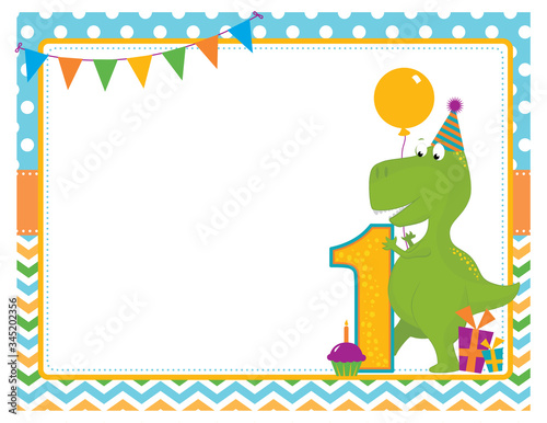 A vector illustration of a blank empty first birthday party invitation frame with a cute Tyrannosaurus Rex dinosaur wearing a party hat, holding a balloon with gifts