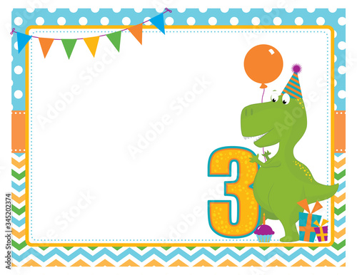 A vector illustration of a blank empty third birthday party invitation frame with a cute Tyrannosaurus Rex dinosaur wearing a party hat, holding a balloon with gifts