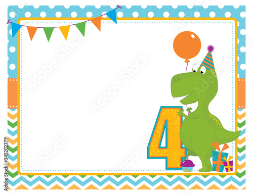 A vector illustration of a blank empty fourth birthday party invitation frame with a cute Tyrannosaurus Rex dinosaur wearing a party hat, holding a balloon with gifts