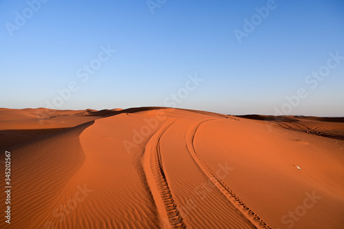 Red sand and car trails in the Arabian desert. In Saudi Arabia near Riyadh  Mozahmeia area 