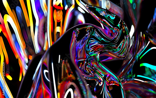3d render of abstract art of surreal festive neon multi color light lines 3d disco night club party background based on curve wavy part of drapery scarf with mirror and depth of field effect