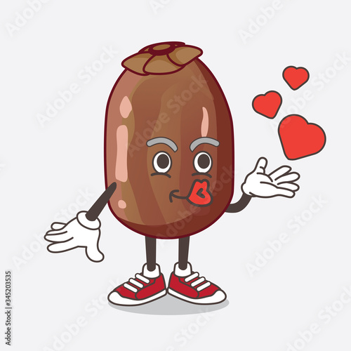 Date Fruit cartoon mascot character teasing with heart kiss