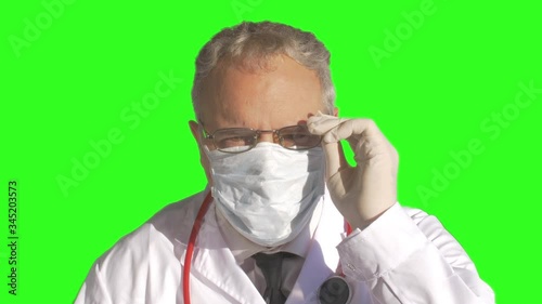 Portrait of epidemiologist confident protecting patients from coronavirus COVID-19 in mask. Global pandemic epidemic, Europe, Italy, USA. Doctor virologist working Green Screen Chroma Key Pre Keyed photo