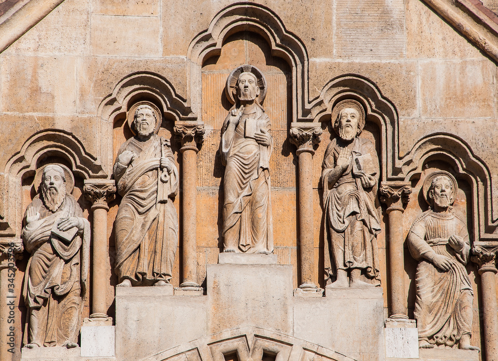 Sculpture on the facade of the Church of Jak in the City Park of Budapest