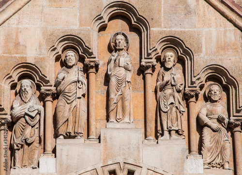 Sculpture on the facade of the Church of Jak in the City Park of Budapest
