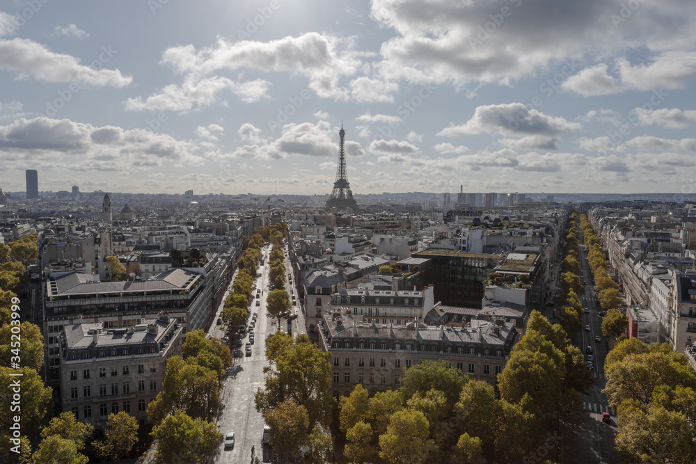 Paris, France. Europe - November 2, 2018: Looking over urban Paris towards the Eiffel Tower