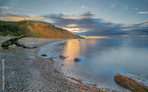 Breathtaking beautiful panorama view of wild romantic coastal cliff landscape at the Baltic Sea at the Stohl, Schwedeneck, Schleswig-Holstein, Germany