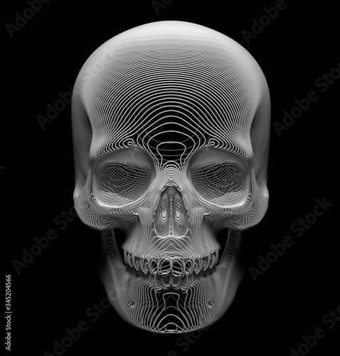 3d render of abstract art of surreal scary spooky halloween 3d scull in the dark, symbol or sign of depth, based on curve wavy lines or cords in white plastic material on black background