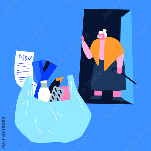 Simple illustration showing contactless grocery delivery to self-isolated old woman whilst coronavirus outbreak