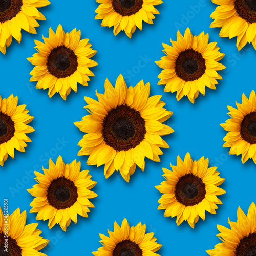 sunflowers flowers seamless pattern design on light blue background. Can be tiled