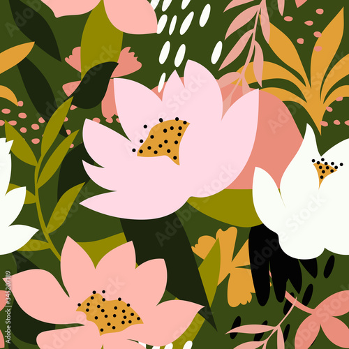 Abstract aesthetic seamless pattern with abstract natural shapes, leaves and flowers. Abstract contemporary floral collage illustration. Greeting card template, wall art, social media post, packaging