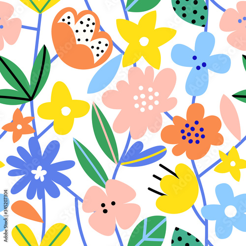 Hand drawn colorful floral seamless repeat pattern. Spring, summer flowers, trendy colors. Scandinavian style. Contemporary art for fabric, wrapping paper, wall art, packaging. Vector illustration