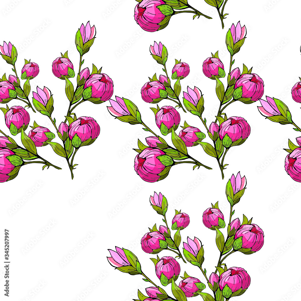 seamless pattern, flower brush made of pink flowers and buds, frame for postcards and business cards, isolated on a white background