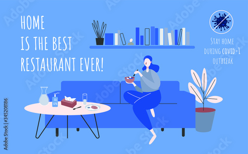 Simple flat poster saying that home is the best restaurant. Stay home poster.