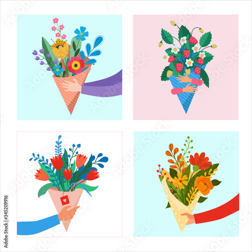 Set of flower bouquets gift in wrapping and blooming plant with arm. Decorative florist shop item on background