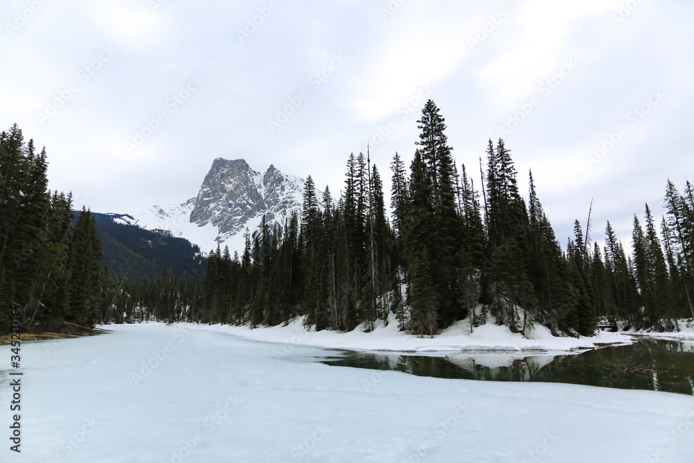 A part of Emerald Lake frozen in Banff National Park, Canada
