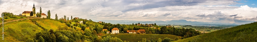 Austria vineyards landscape. View at panorama of small village Kitzeck.