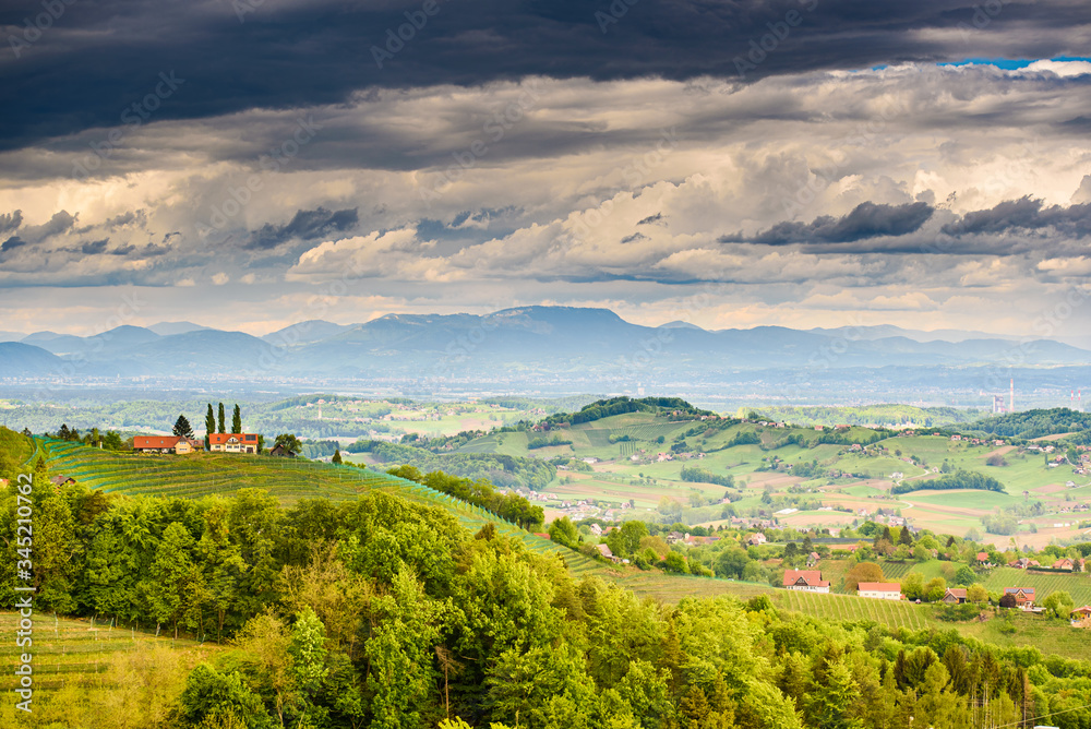 Fototapeta premium Austria vineyards landscape. View from Kitzeck village in direction of Graz.