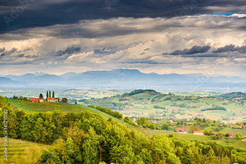 Austria vineyards landscape. View from Kitzeck village in direction of Graz.