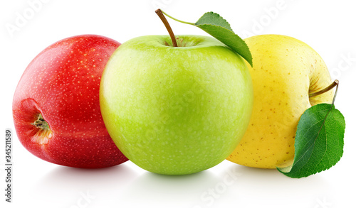 Colorful apples with leaves isolated on white background. Red, green, yellow apples with clipping path. Full Depth of Field