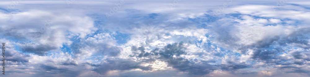 Seamless hdri panorama 360 degrees angle view blue sky with beautiful fluffy cumulus clouds before rain with zenith for use in 3d graphics or game development as sky dome or edit drone shot