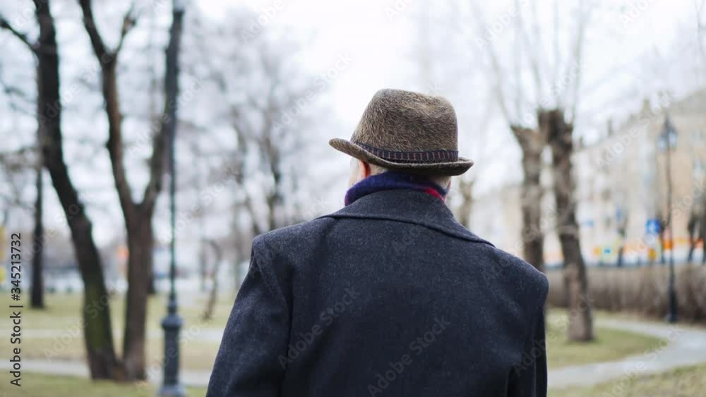 Old man in hat is walking in city park, back view. He limps on his leg, lame man Old man in hat is walking in city park, back view. He limps on his leg, lame man
