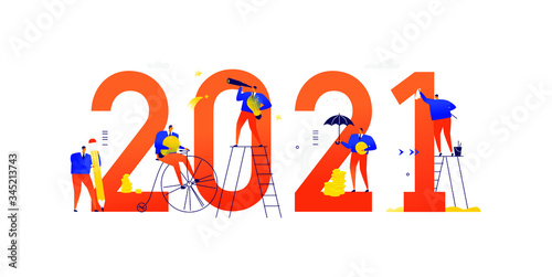 Office staff are preparing to celebrate the new year 2021. Vector. Characters businessmen are preparing for the holiday. Summing up the outgoing year. Save investment and search for creative ideas.