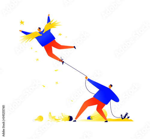 Businessman holds on leash a creative flying angel. Vector. Stop and restriction. A metaphor captured by stereotypes. Pressure from superiors to subordinates. No career growth.